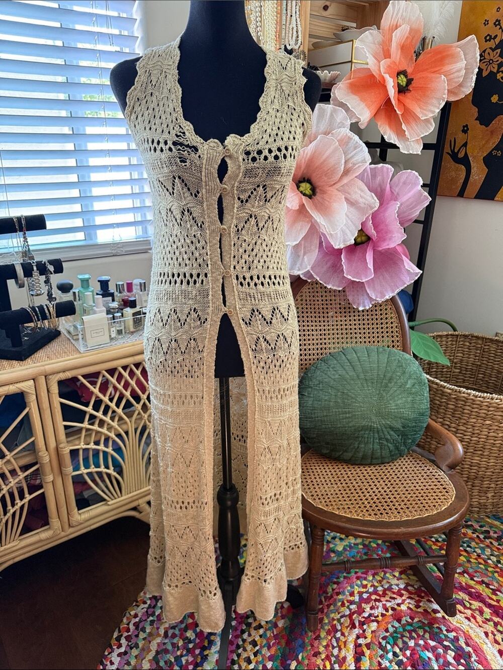 Paper Crane Beige Crochet Knit Button Front Boho Hippie Montauk Maxi Duster